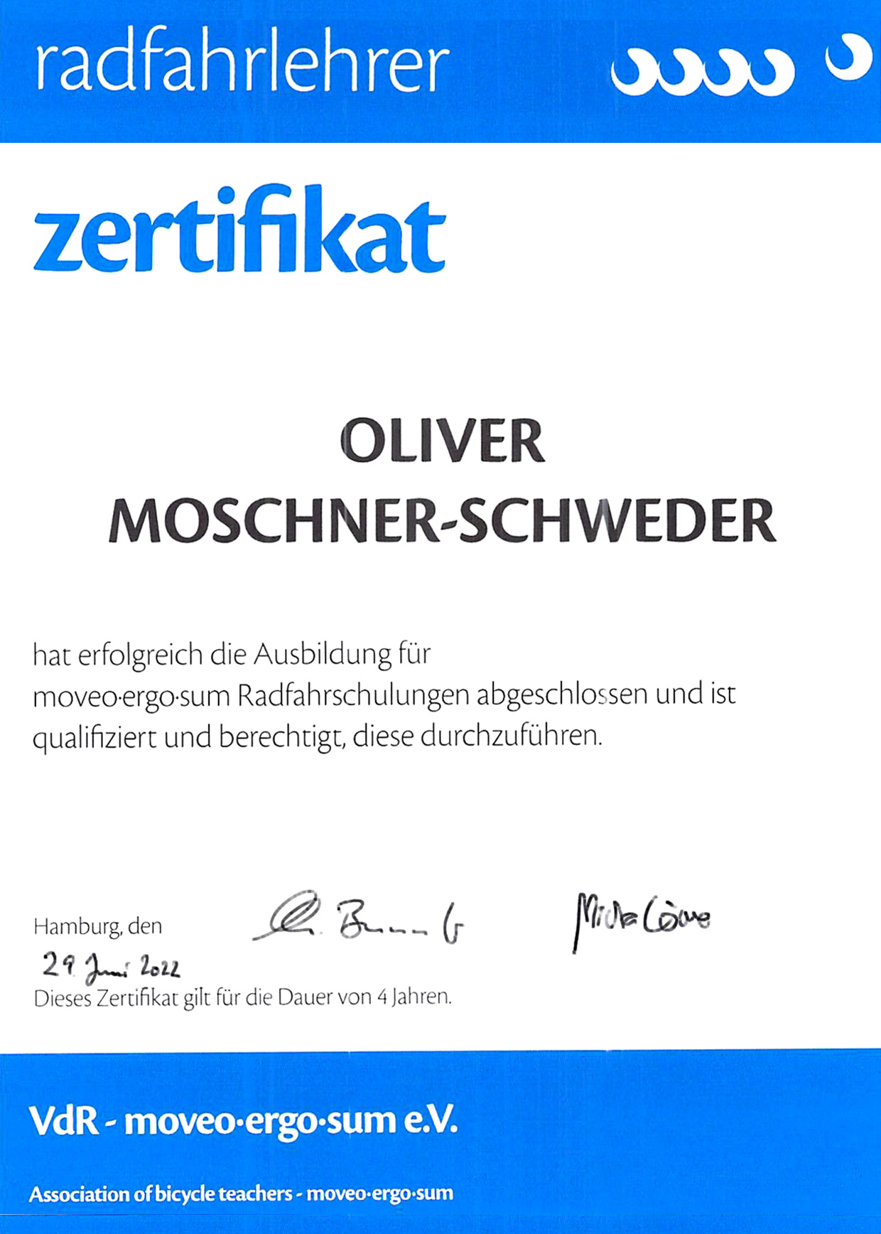 Zertifikat Radfahrlehrer moveo-ergo-sum