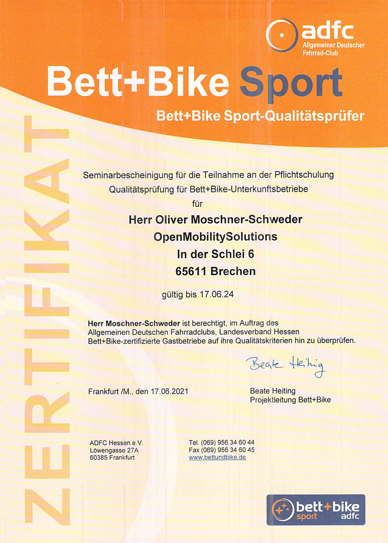 Zertifikat Bett + Bike Sport-Qualitätsprüfer